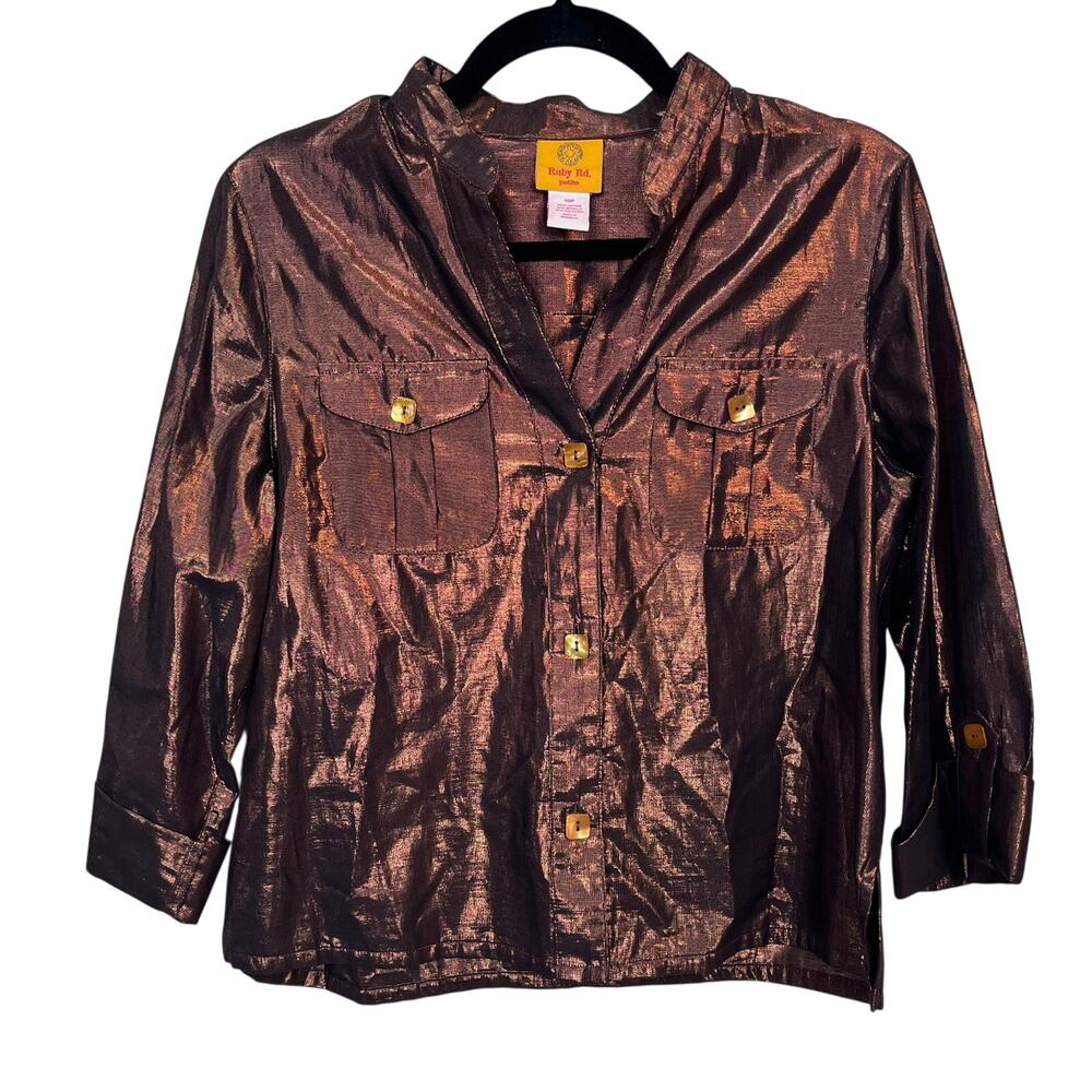 Ruby Road Petite Brown Copper Metallic Button Down Blouse Women’s 10P